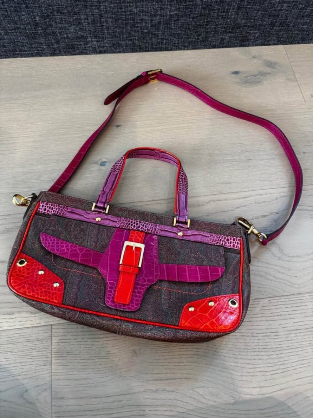 Vintage Etro Paisley Arnica Crossbody Bag Rare Croc Leather Accent Y2K Medium
